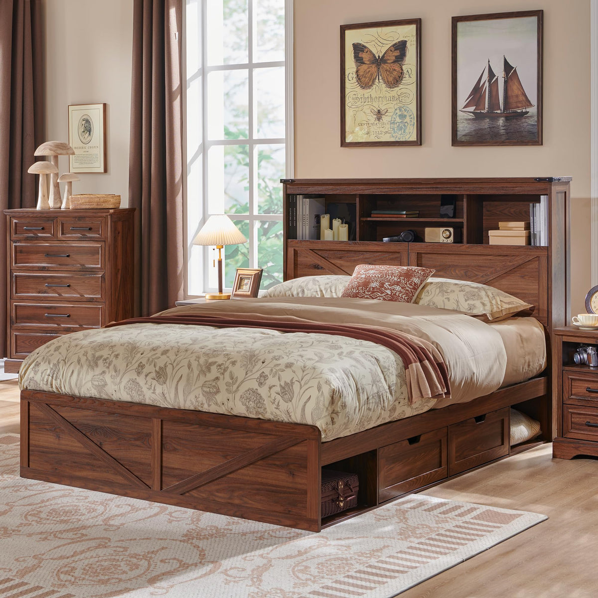 Queen Size Wood Bed Frame with Storage Headboard and 4 Drawers W911404