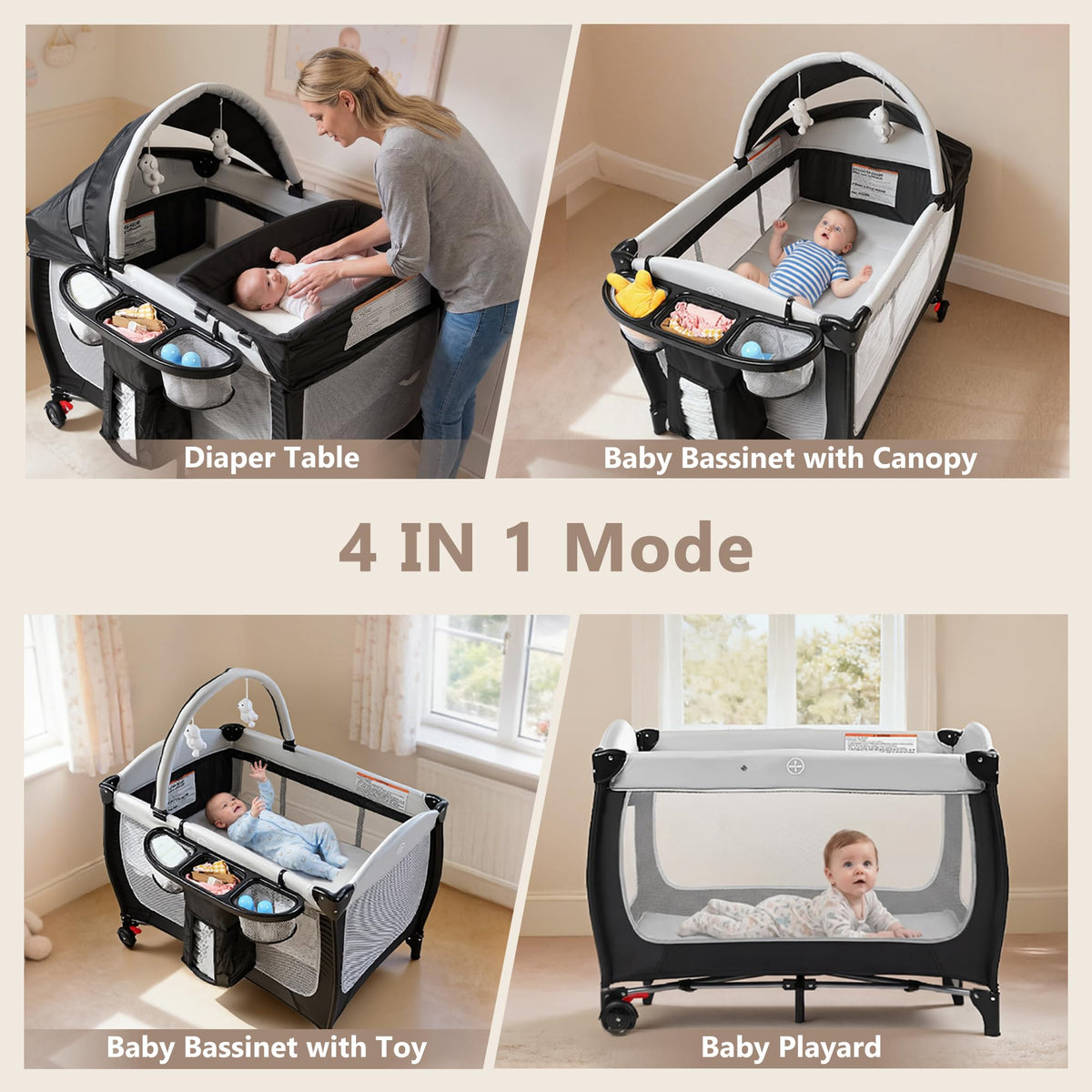 4 in 1 Portable Pack and Play Bassinet, Black E35913