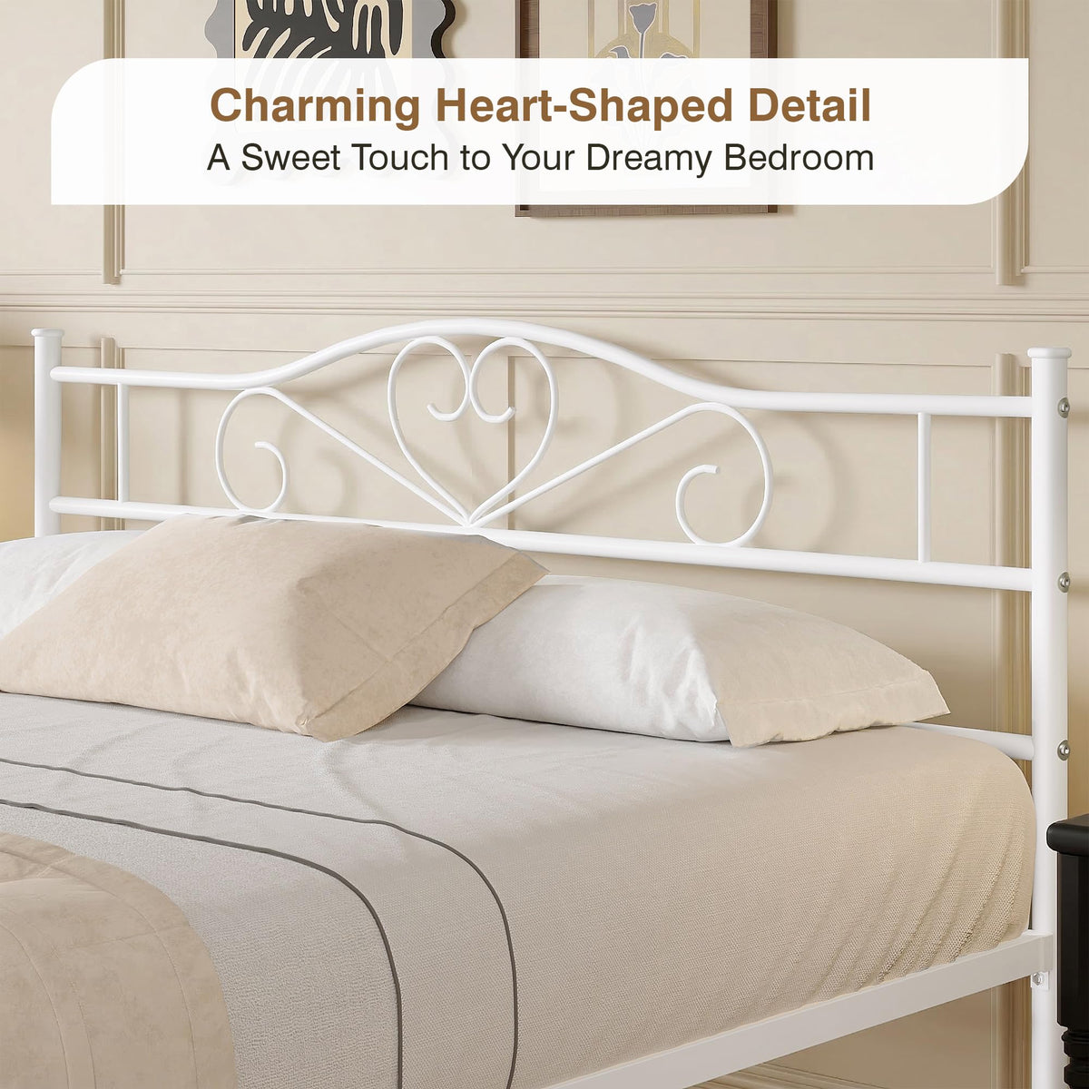 Full Size White Metal Platform Bed Frame with Headboard B380