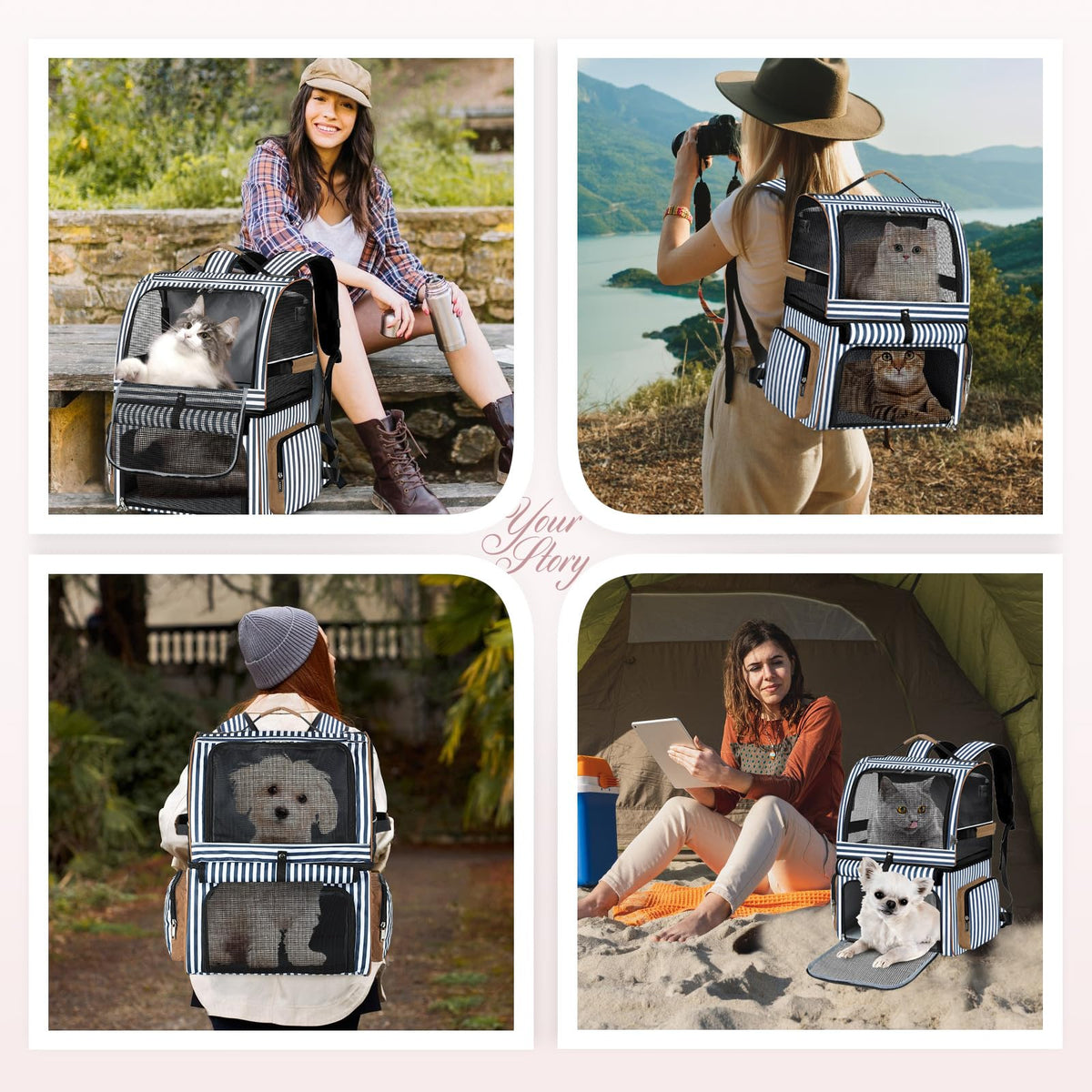 Double Cat Backpack Carrier for 2 Cats Blue Striped L8701