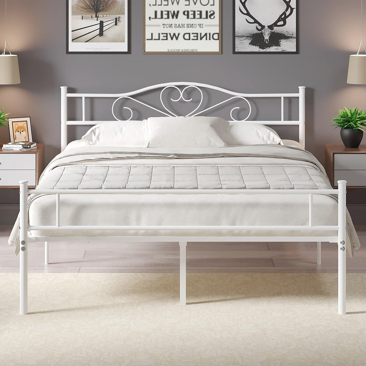 Full Size White Metal Platform Bed Frame with Headboard B380
