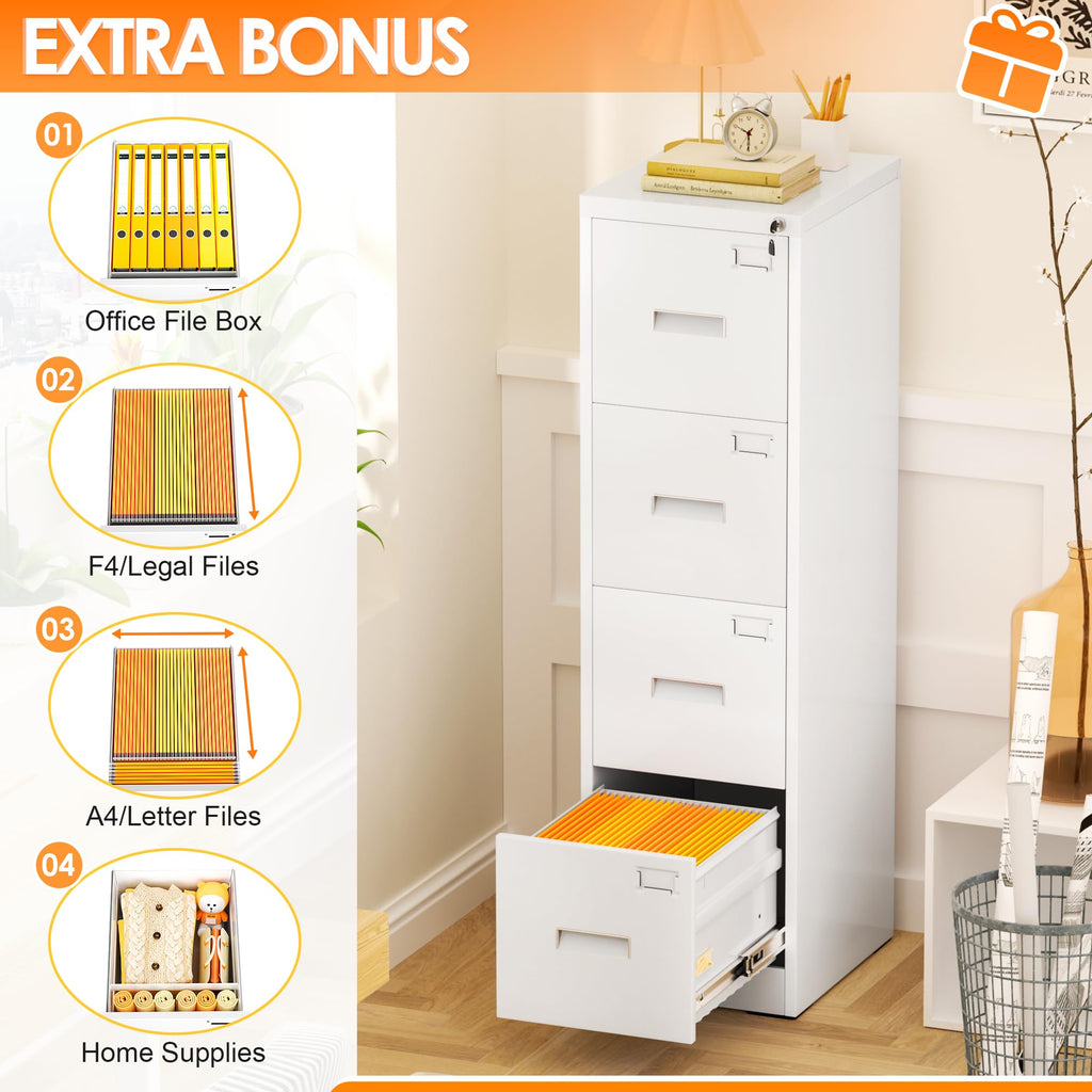 4 Drawer White Metal File Cabinet with Lock I769752