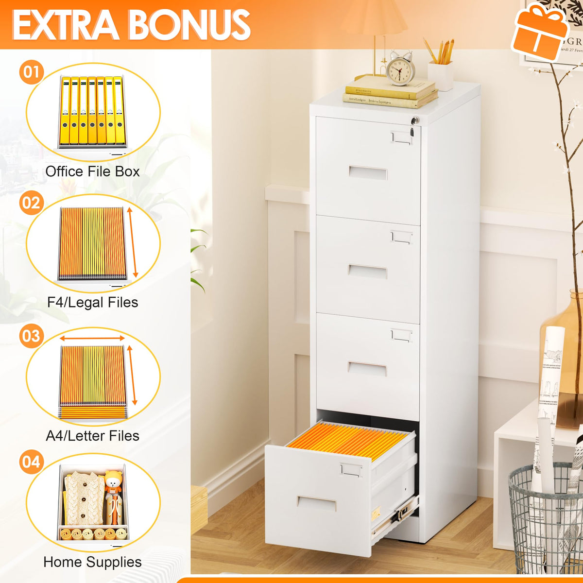 4 Drawer White Metal File Cabinet with Lock I769752