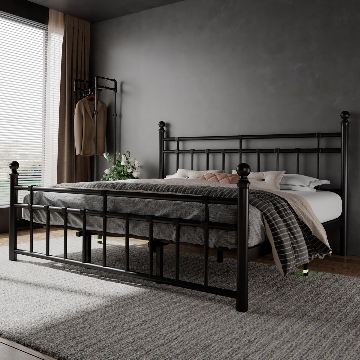 King Size Black Metal Platform Bed Frame with Headboard and Footboard V6120