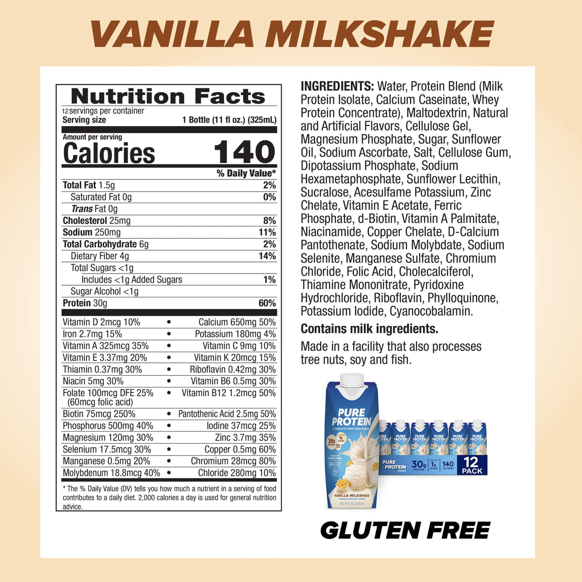 Vanilla Protein Shake, 30g Protein, Vitamins A, C, D, E, Zinc, Low Sugar, Gluten Free V4618