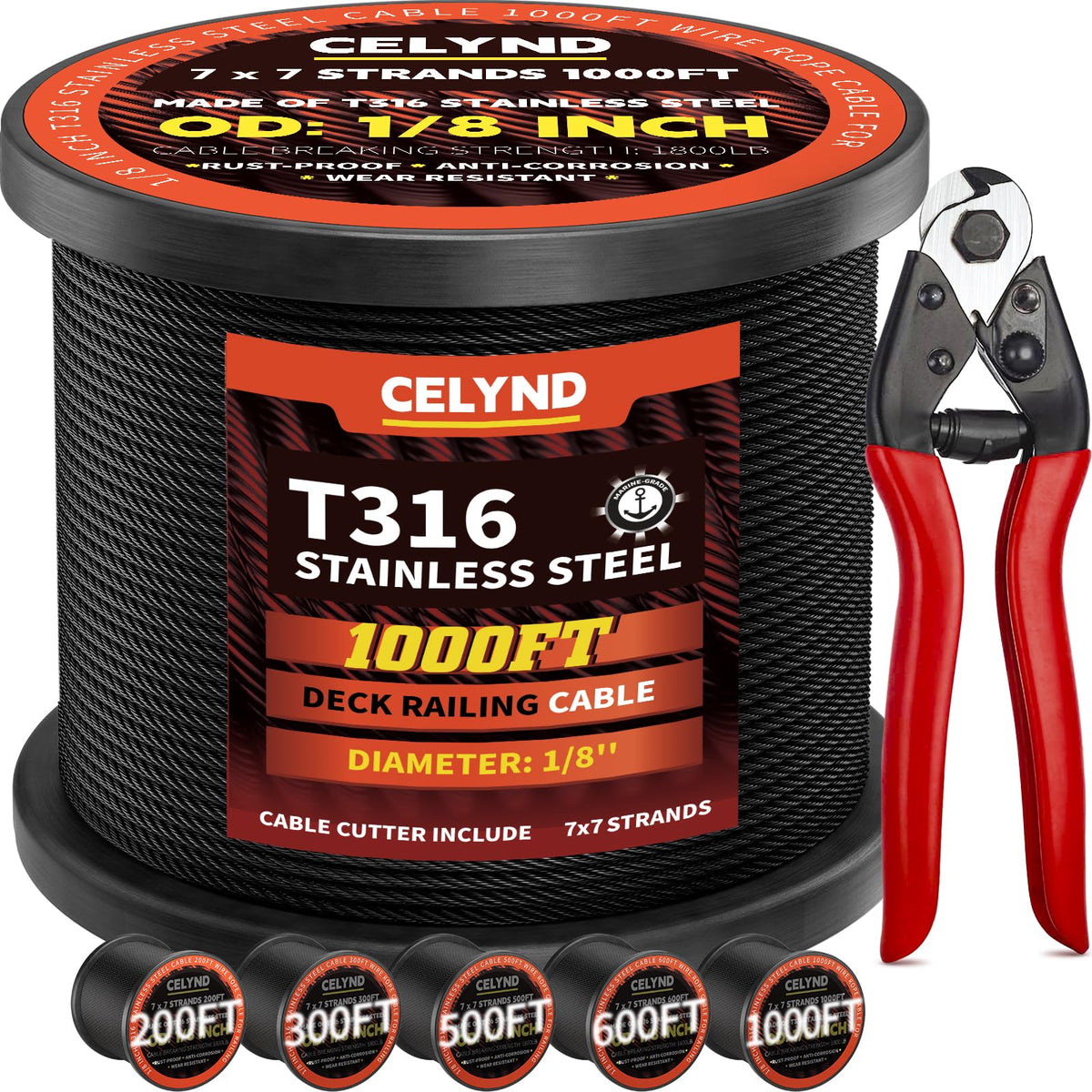 Black 1000FT 1/8" T316 Stainless Steel Cable E1771