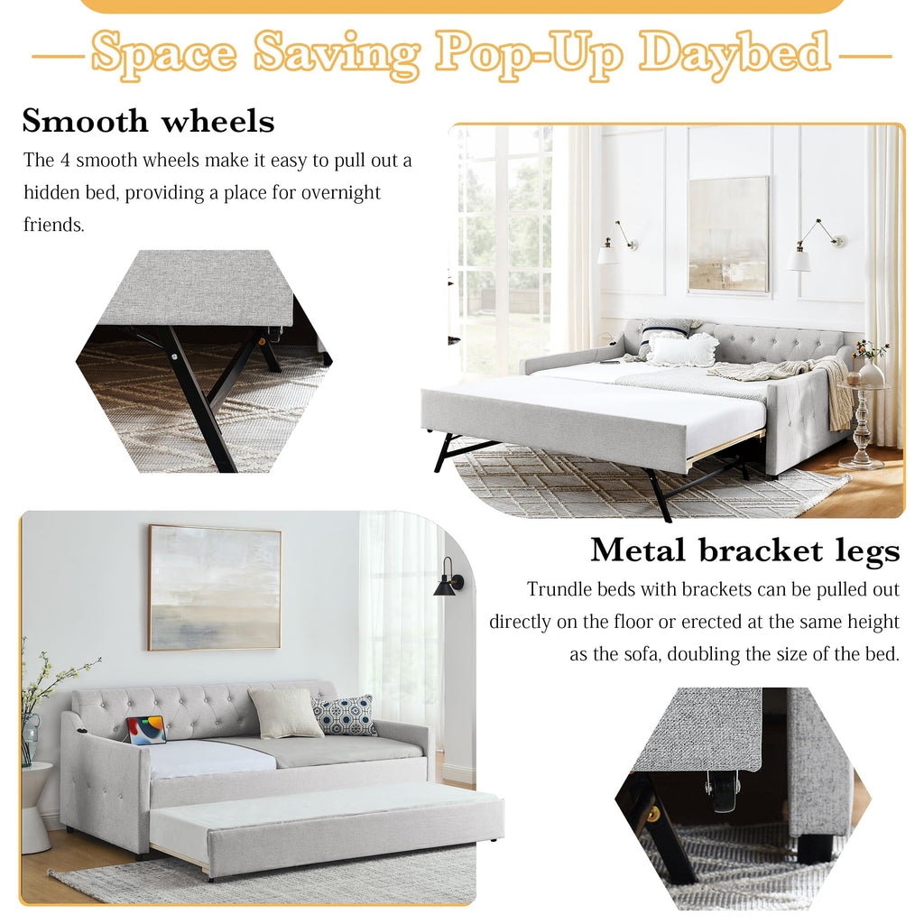 Twin Size Upholstered Daybed with Pop Up Trundle and USB Charging Ports P8927