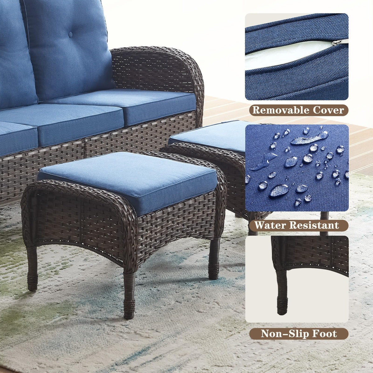25 Inch PE Wicker Foot Stool Set of 2 with Removable Cushions Brown B31138