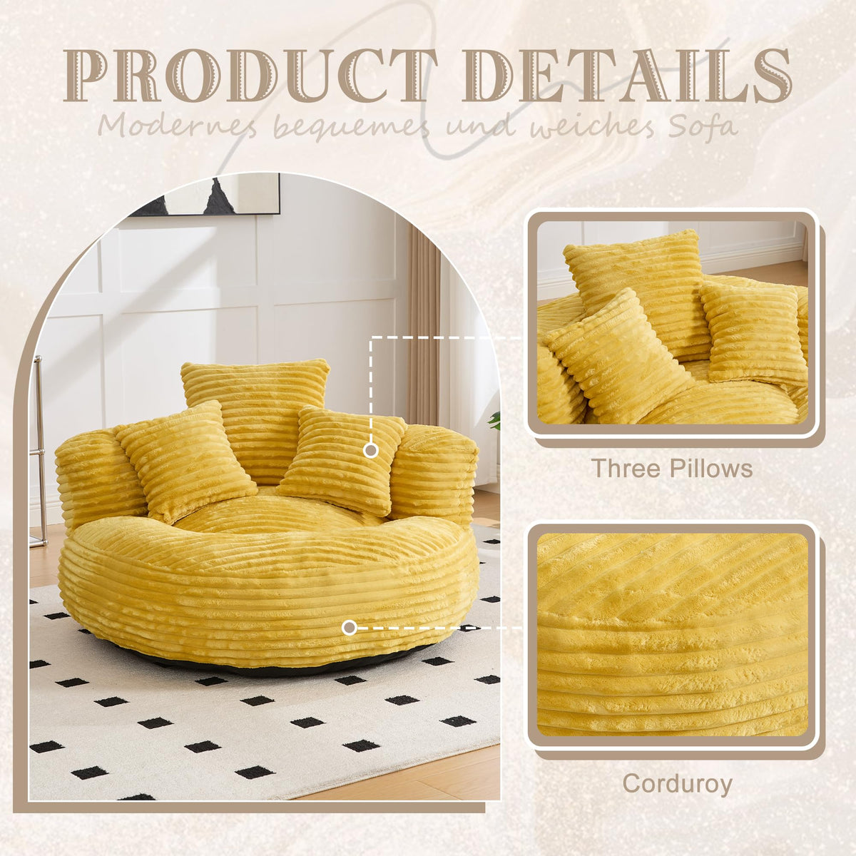 43" Mustard Yellow Corduroy Beanbag Sofa with Memory Foam O34960