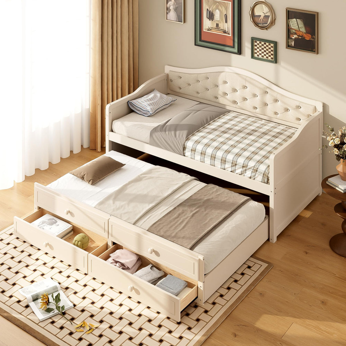 Beige Twin Size Wooden Daybed with Trundle and 2 Drawers P108