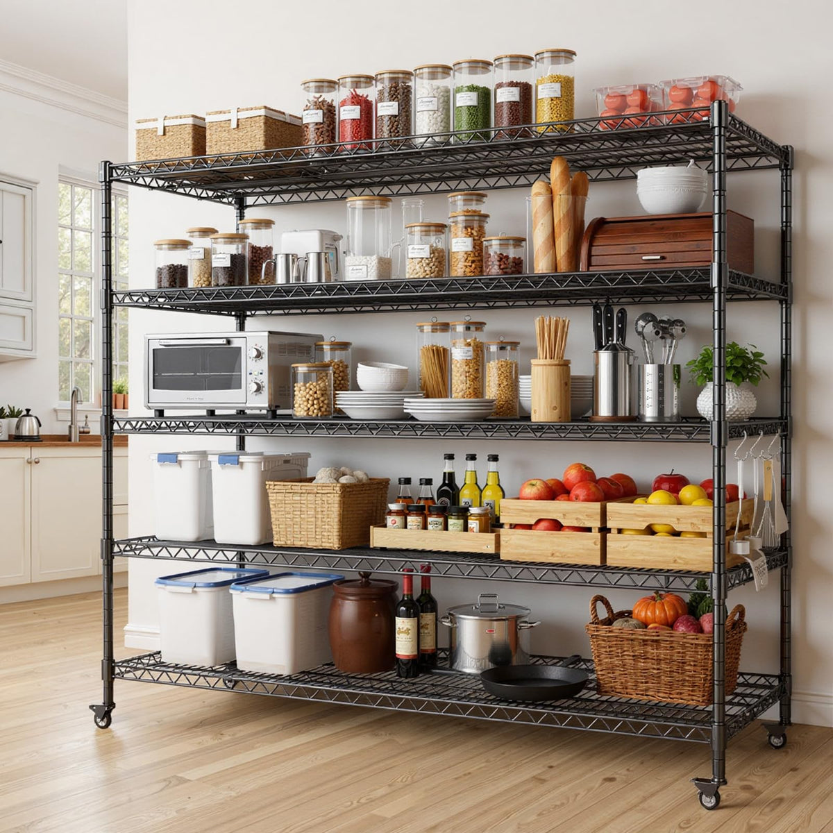 60”W 5 Tier Heavy Duty Metal Wire Shelving with Wheels C932297