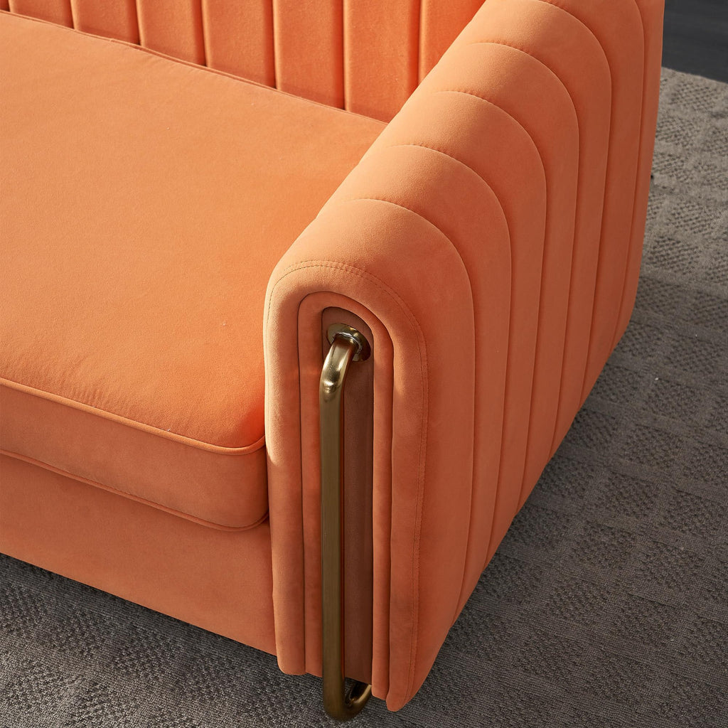 Velvet Sofa Couch, 3-Seater with Channel-Tufted Seats and Gold Steel Legs, Orange K473