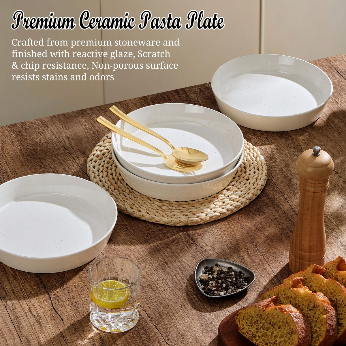 34oz Stoneware Pasta Bowls Set of 4 Speckled White F204711