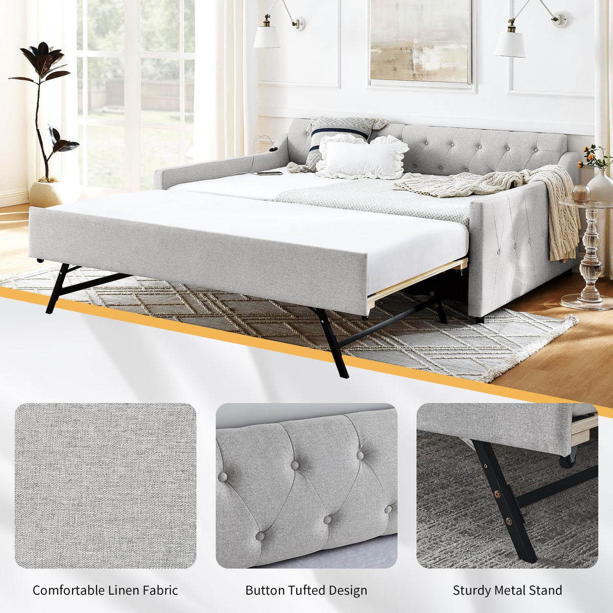 Twin Size Upholstered Daybed with Pop Up Trundle and USB Charging Ports P8927