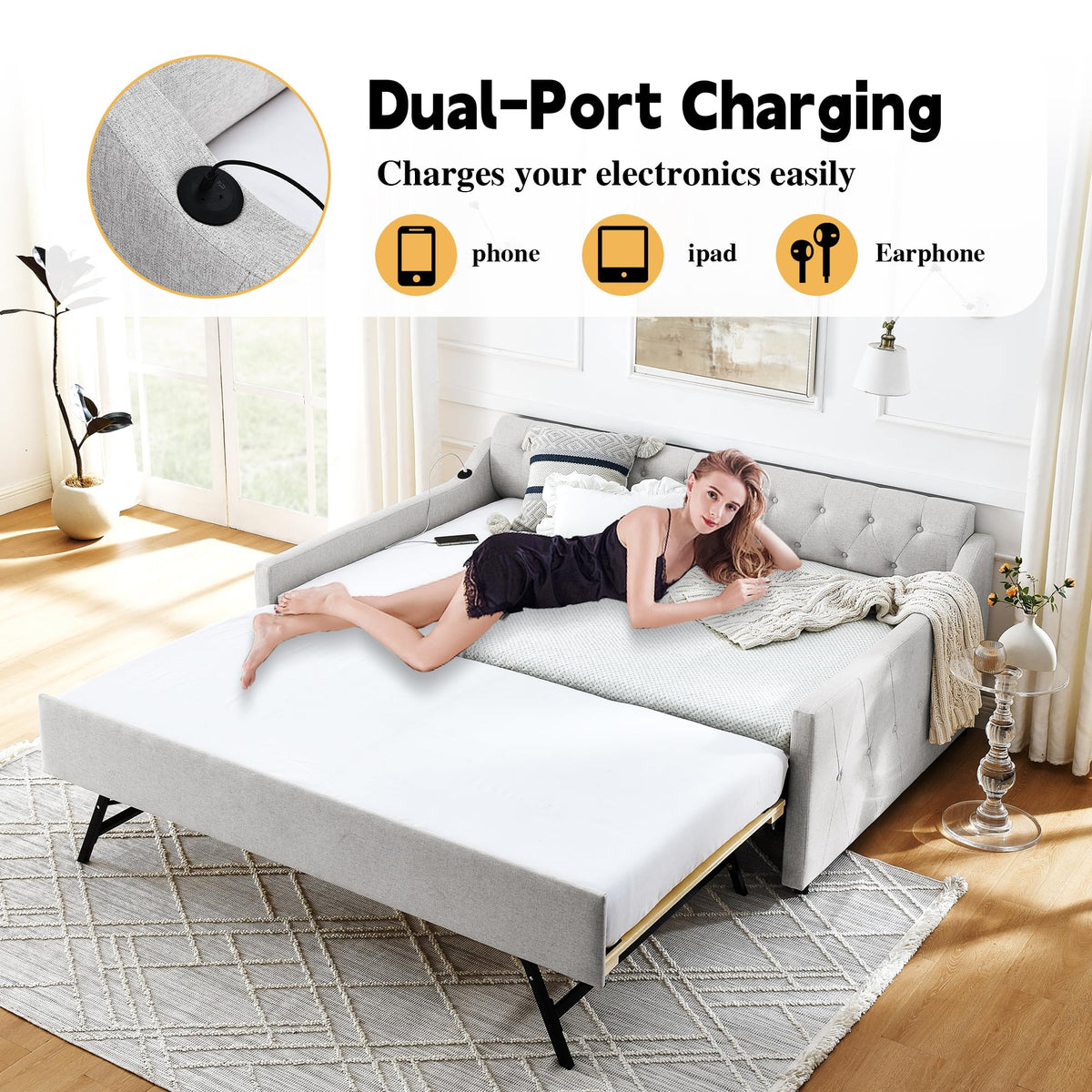 Twin Size Upholstered Daybed with Pop Up Trundle and USB Charging Ports P8927