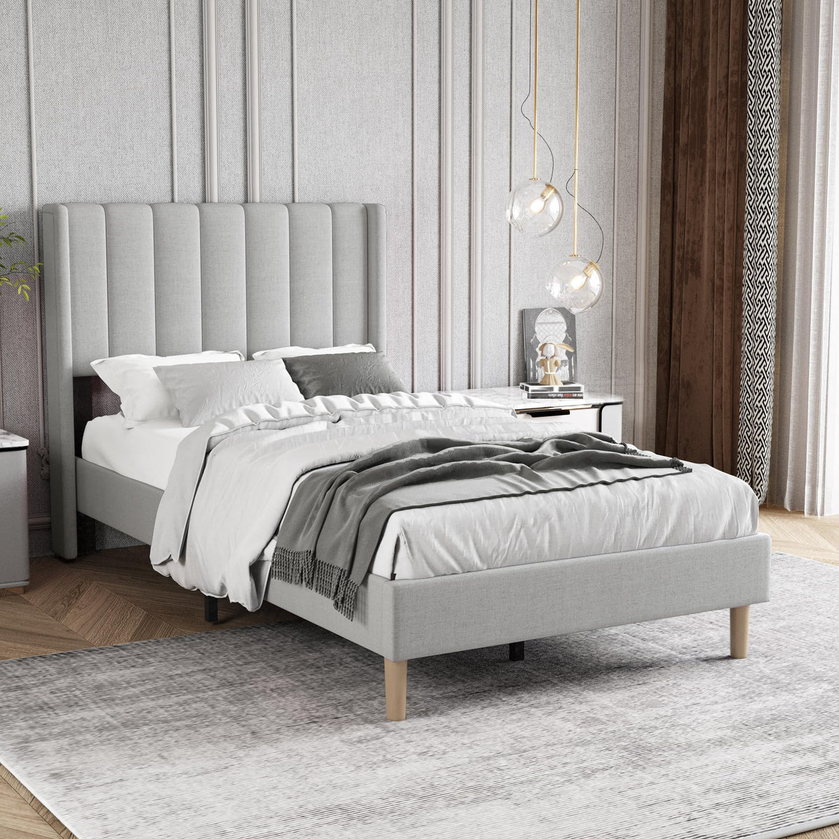 Twin Size Light Gray Linen Upholstered Bed Frame R33849