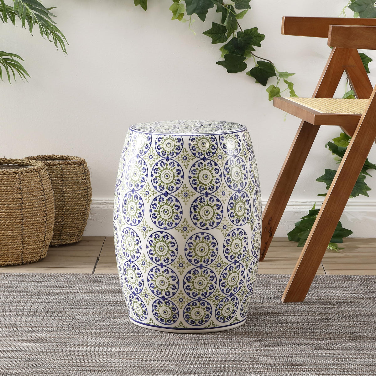 Blue Green Ceramic Drum Garden Stool T5010