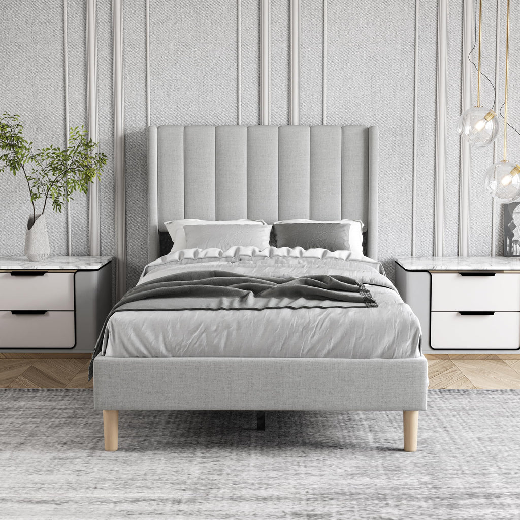 Twin Size Light Gray Linen Upholstered Bed Frame R33849