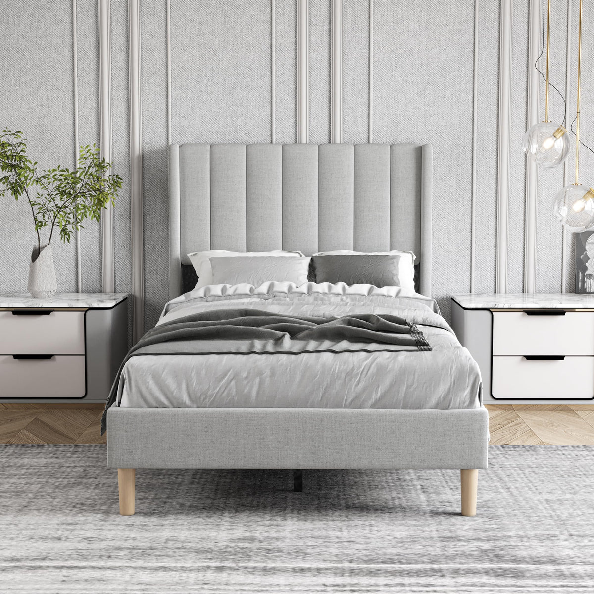Twin Size Light Gray Linen Upholstered Bed Frame R33849
